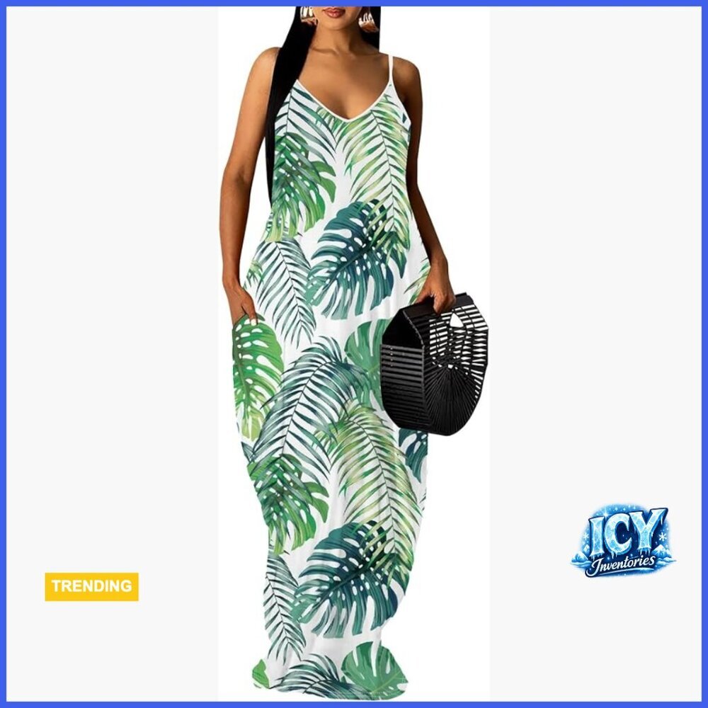 Polyester Spandex Maxi Sundress with Spaghetti Straps and Pockets